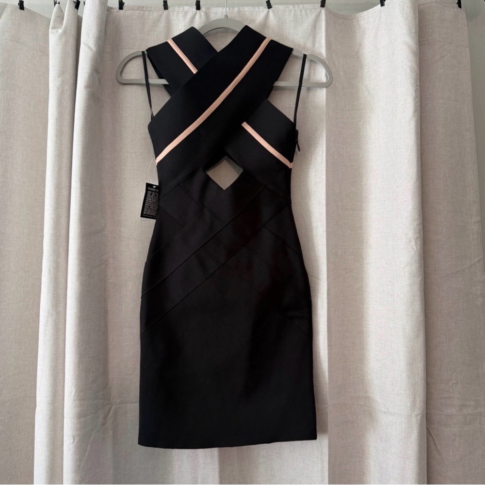 Herve Leger Black Mini Dress with Pink Trim Crisscross Halter - NWT!